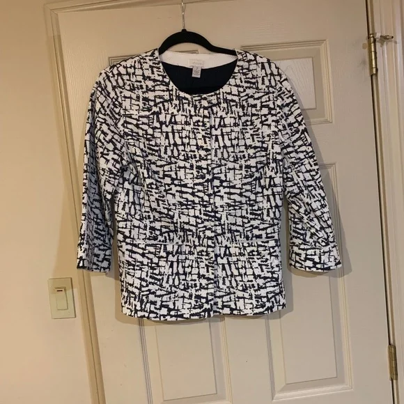 Chico’s Navy Blue/White Print Lined Jacket sz 2 - Picture 1 of 5